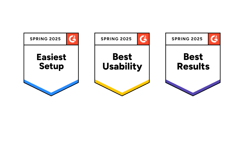 Three award badges labeled "Easiest Setup," "Best Usability," and "Best Results" for Spring 2025 from G2.