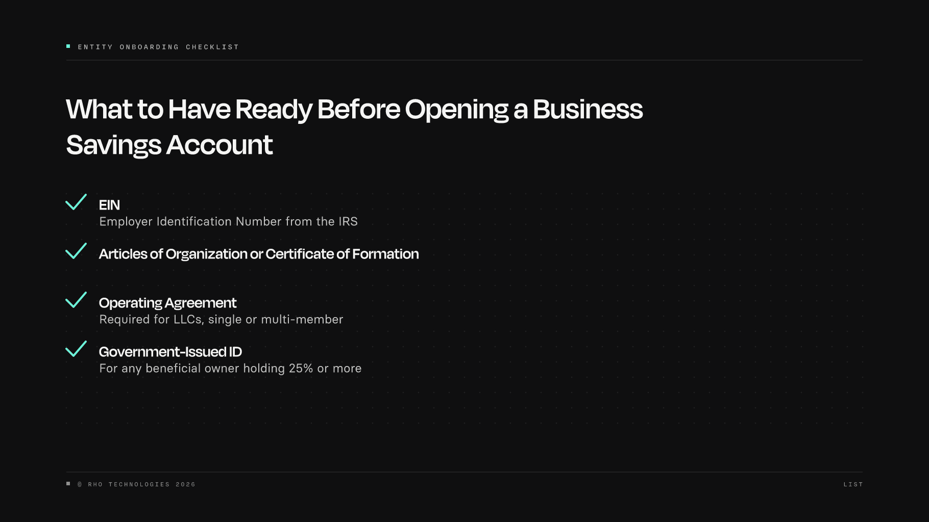 Checklist of four documents required to open a business savings account