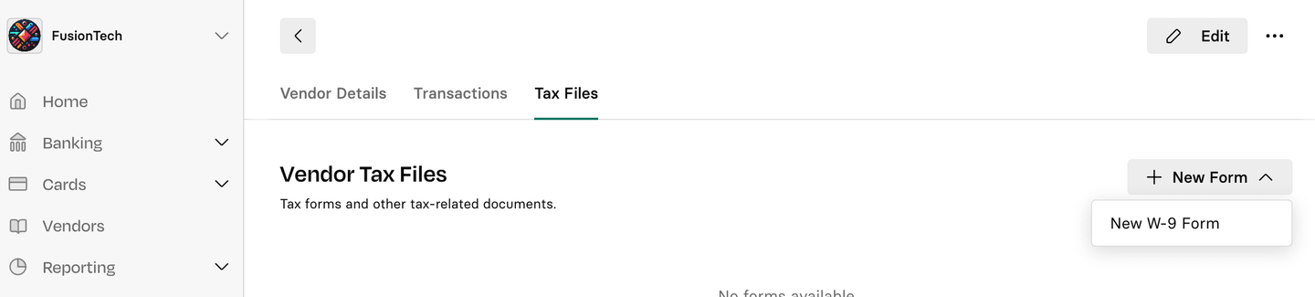 Screenshot of a web interface showing a "Vendor Tax Files" section with options to add a new W-9 form and a sidebar menu on the left.