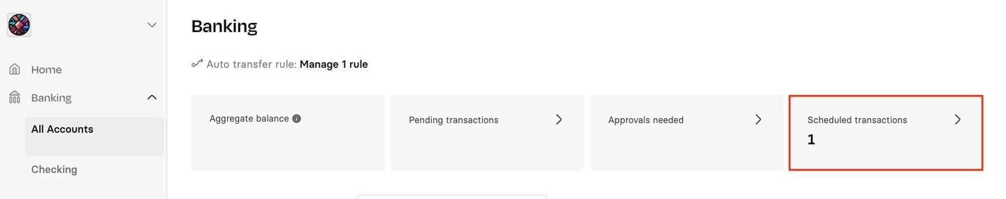 Banking dashboard showing navigation tabs: Aggregate Balance, Pending Transactions, Approvals Needed, and Scheduled Transactions with a count of 1.