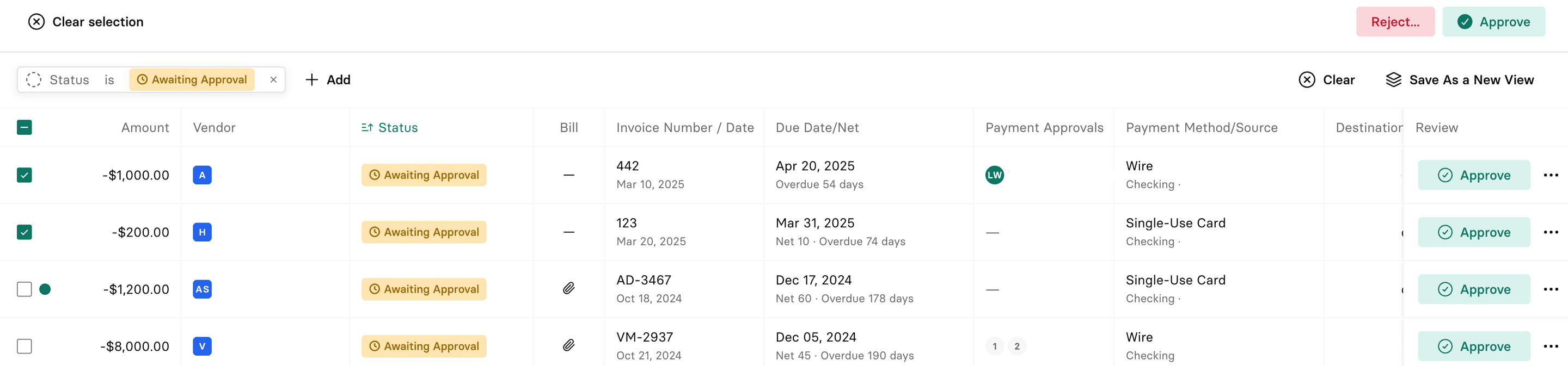 Bulk approving bill payments in the Rho Bill Pay bills table