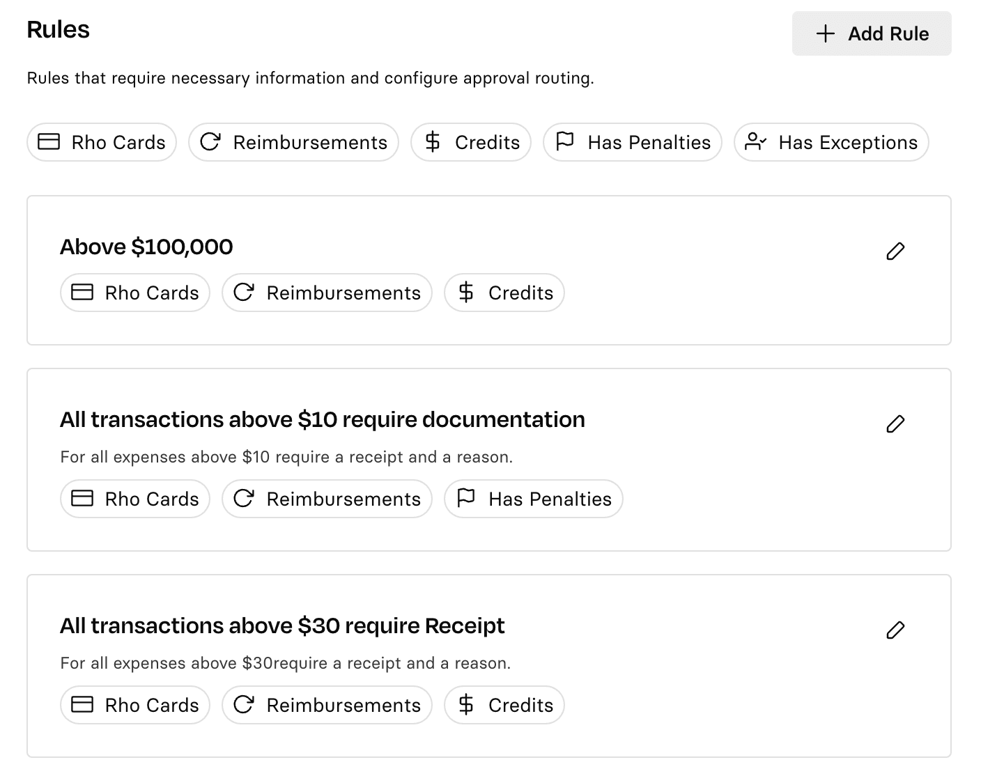 Interface showing financial rules with options for Rho Cards, Reimbursements, Credits, Penalties, and Exceptions, each with specific conditions.