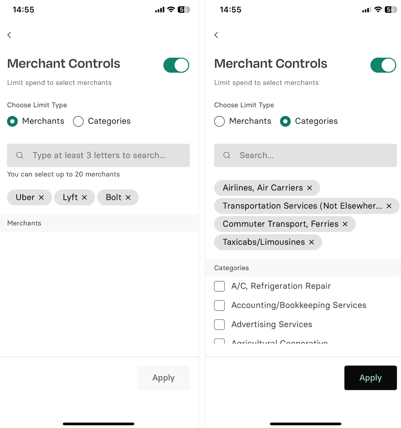 Screenshot of a mobile app showing "Merchant Controls" settings with options to limit spending by merchants or categories, featuring toggle switches.