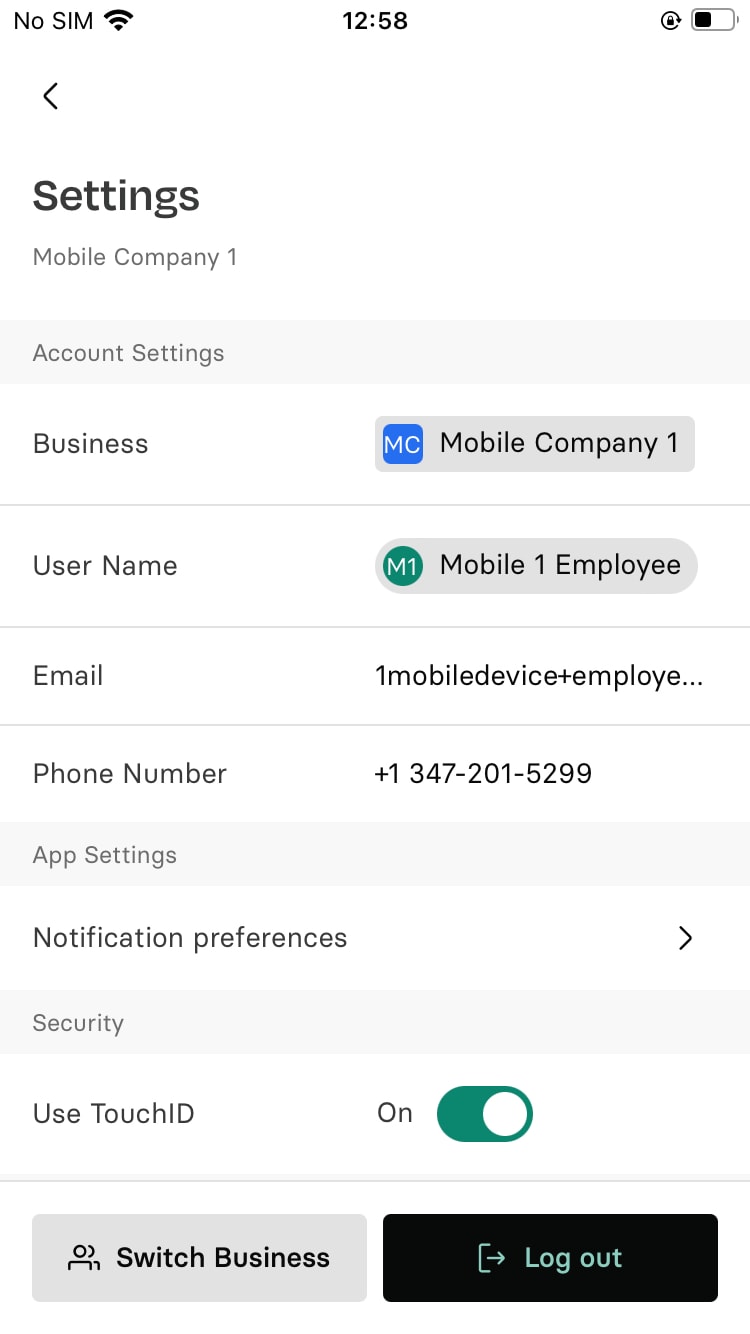 Settings screen displaying account details, including business name, user email, phone number, and security options like TouchID toggle.