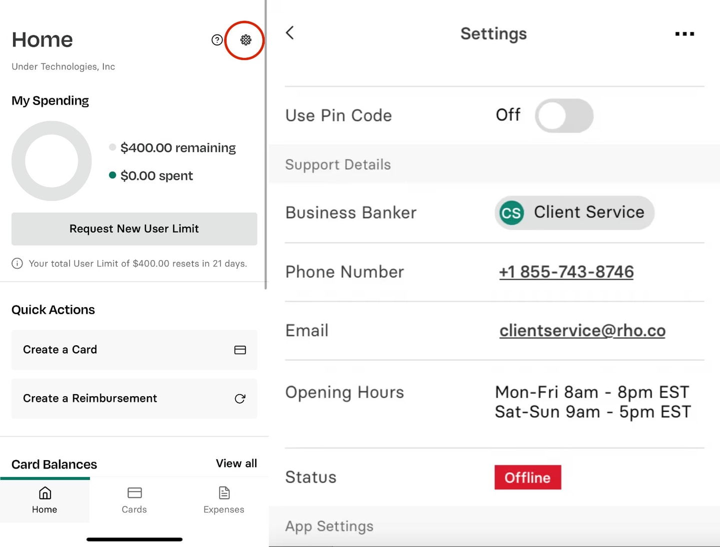 Mobile app settings screen showing spending limits, contact details for client service, and options to create a card. Status is offline.