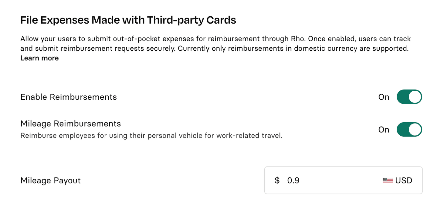 Settings page for managing reimbursements, with options to enable reimbursements and mileage payouts. Mileage payout is set to $0.9 USD.