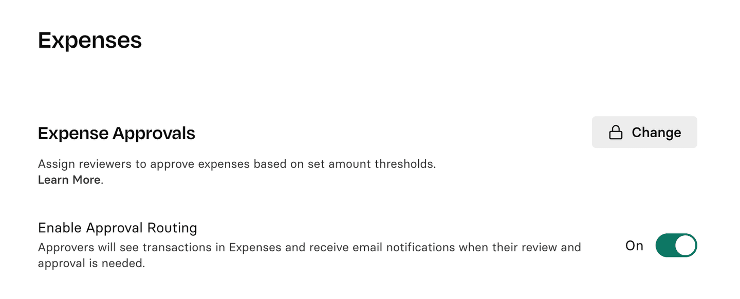 Screenshot of an expenses approval settings page with options for assigning reviewers and enabling approval routing, toggle switched on.