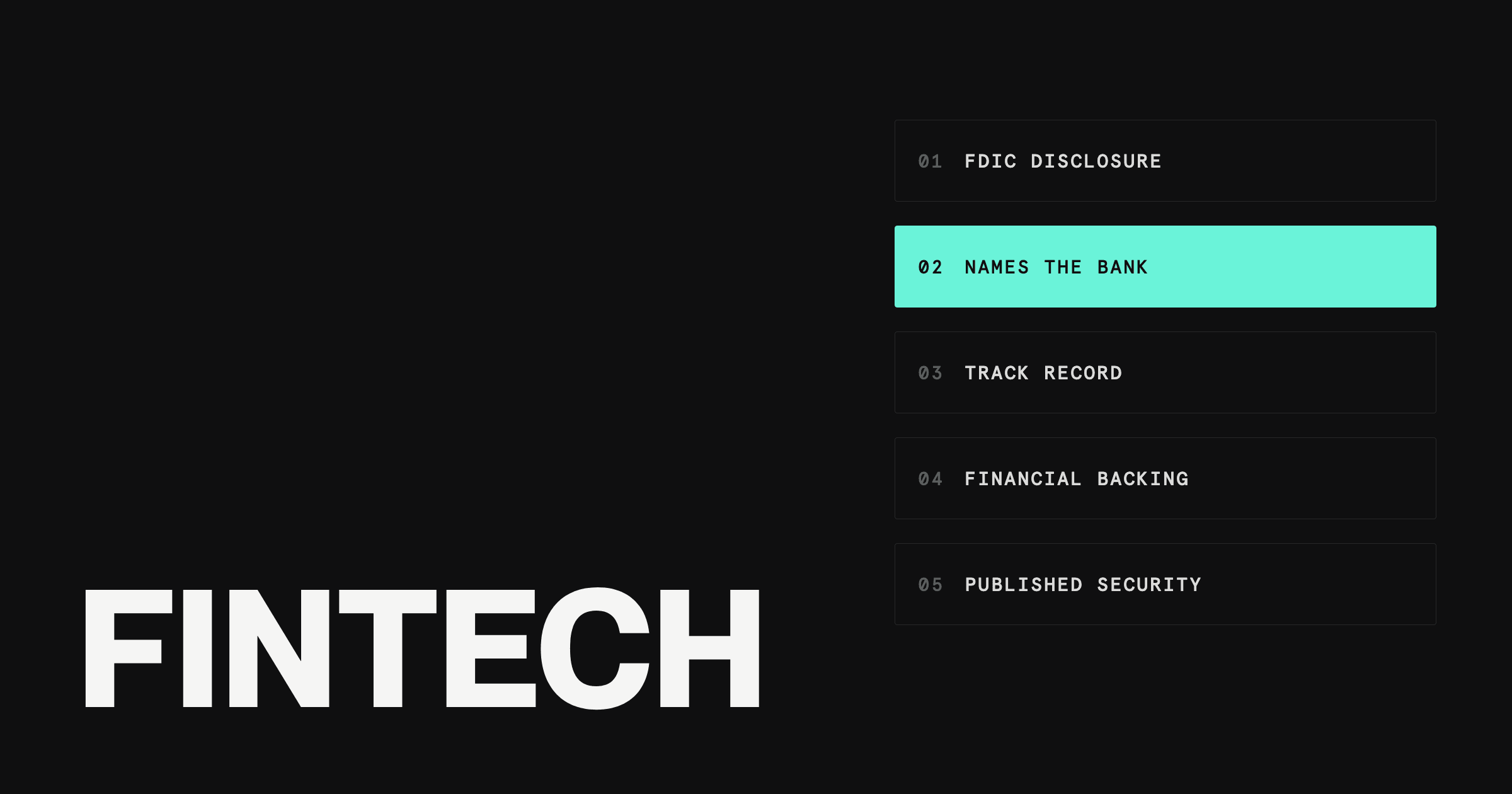 Vertical checklist of five fintech trust criteria, "names the bank" highlighted in teal