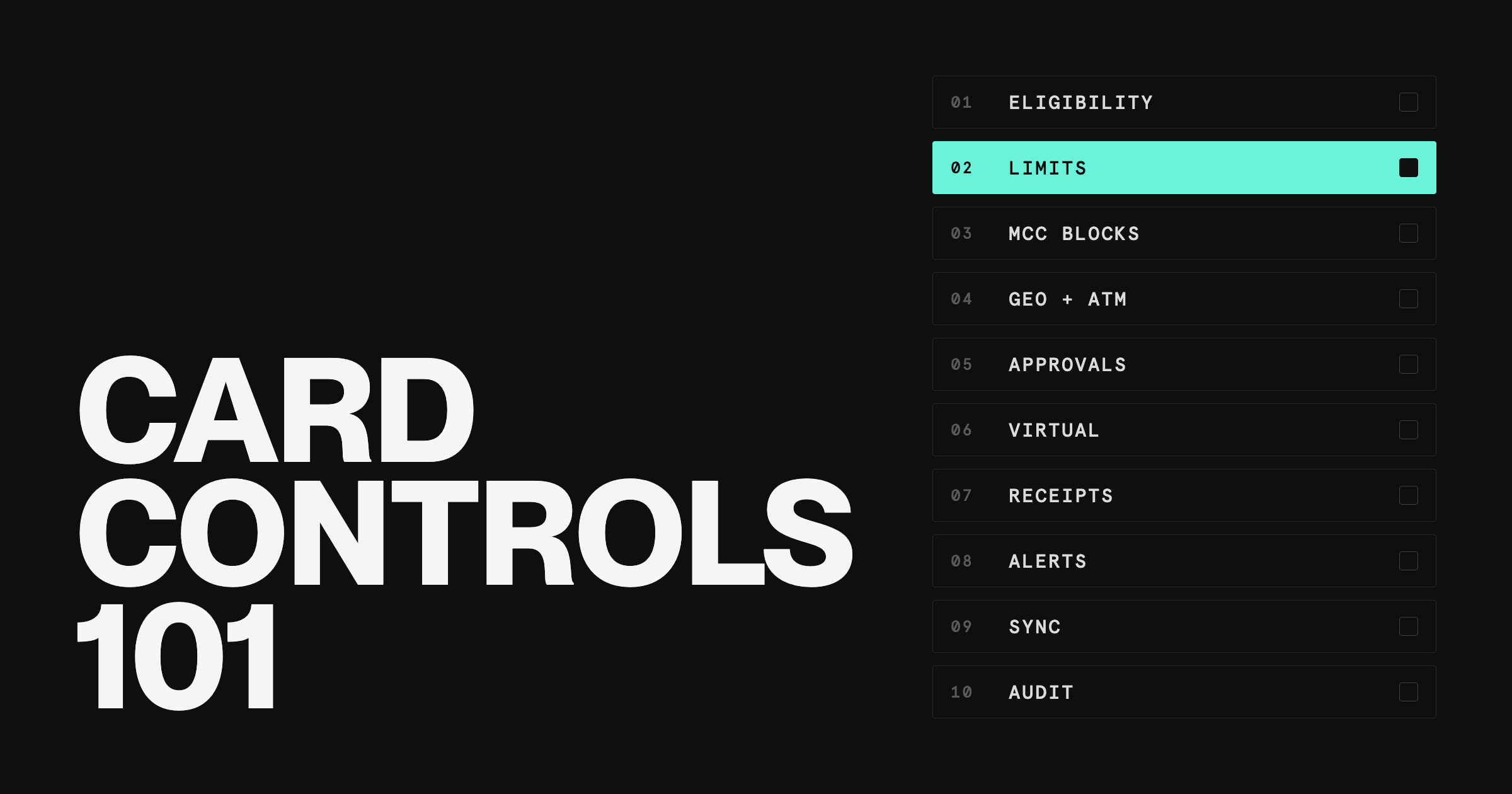 Card controls 101 graphic with a ten-item checklist of corporate card controls, with spending limits highlighted