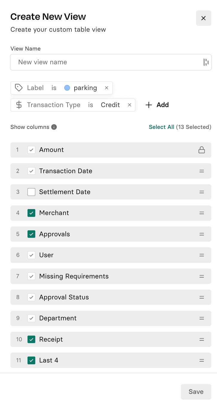 Screenshot of a "Create New View" interface for customizing a table, with options to select columns like Amount, Transaction Date, and Merchant.