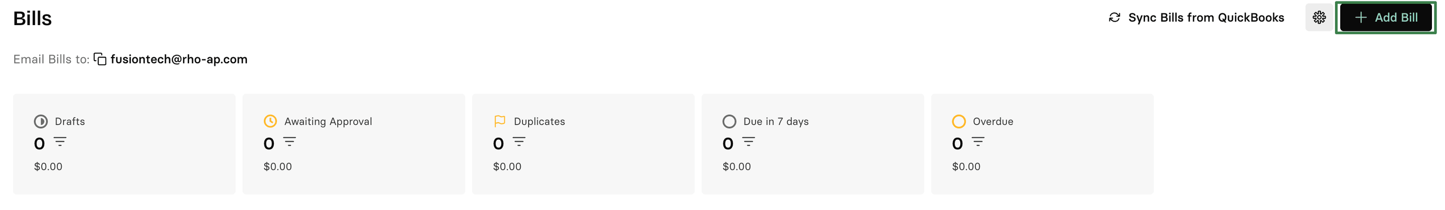 Add Bill button above the bills table in Rho Bill Pay