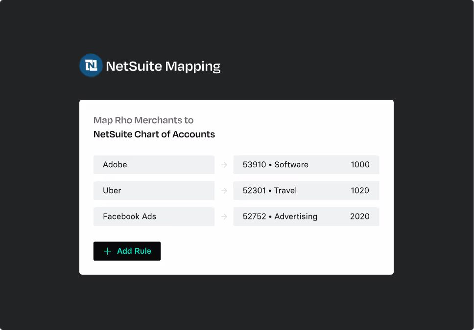 NetSuite Mapping screen matching Rho merchants to NetSuite chart of accounts codes