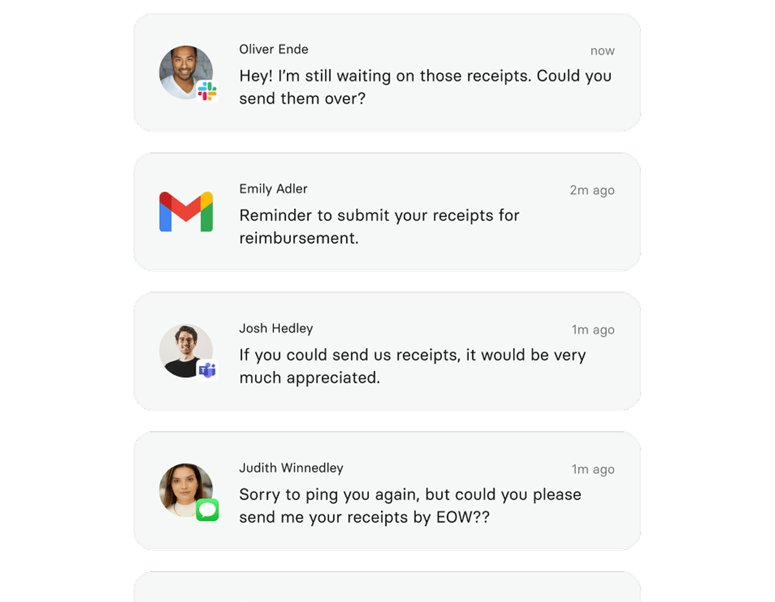 A series of four messages requesting receipts for reimbursement, with profile images and timestamps.