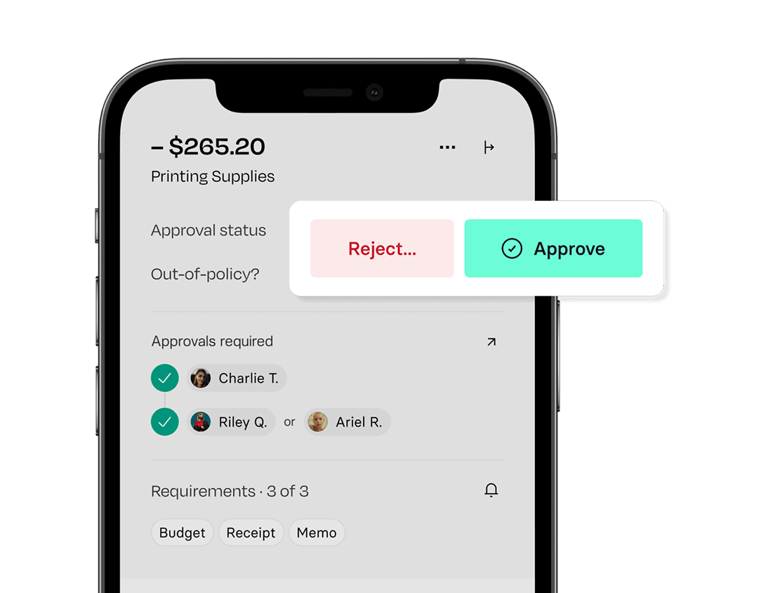 Mobile screen showing a $265.20 expense for printing supplies. Options to "Reject" or "Approve" are displayed, with approvals required from three people.