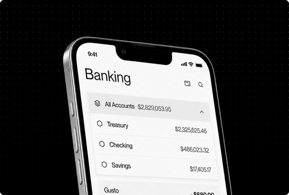 Rho banking dashboard on a phone showing Treasury, Checking, and Savings balances