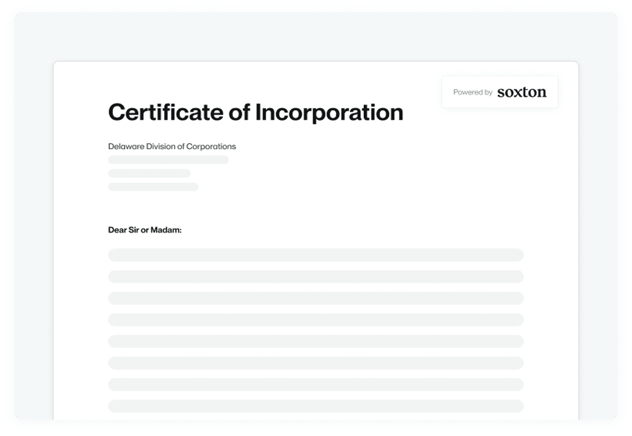 Certificate of Incorporation from Delaware Division of Corporations, with text blurred, powered by Soxton.