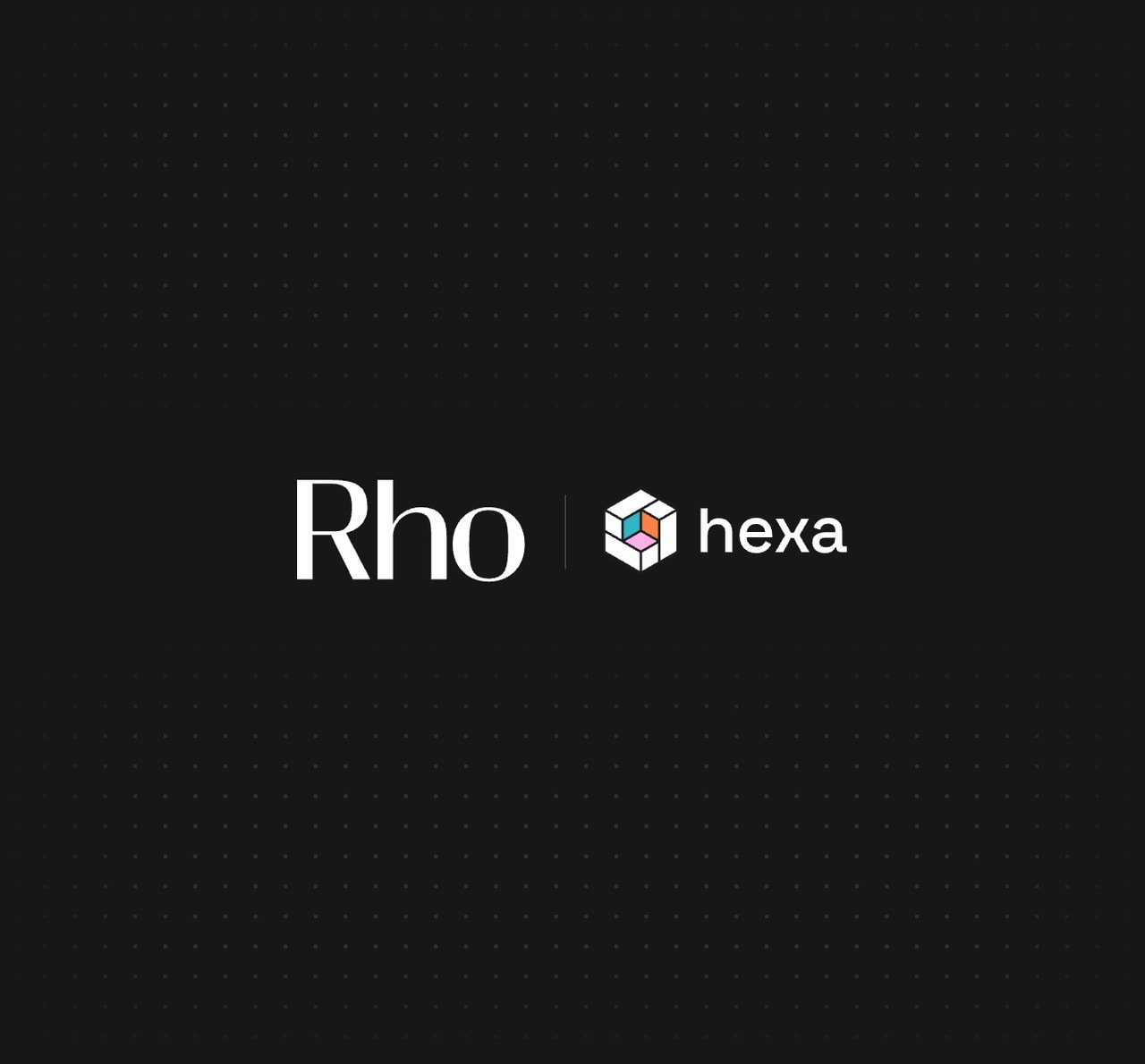 The image features the logos of "Rho" and "hexa" on a dark dotted background, with a colorful cube icon next to "hexa."