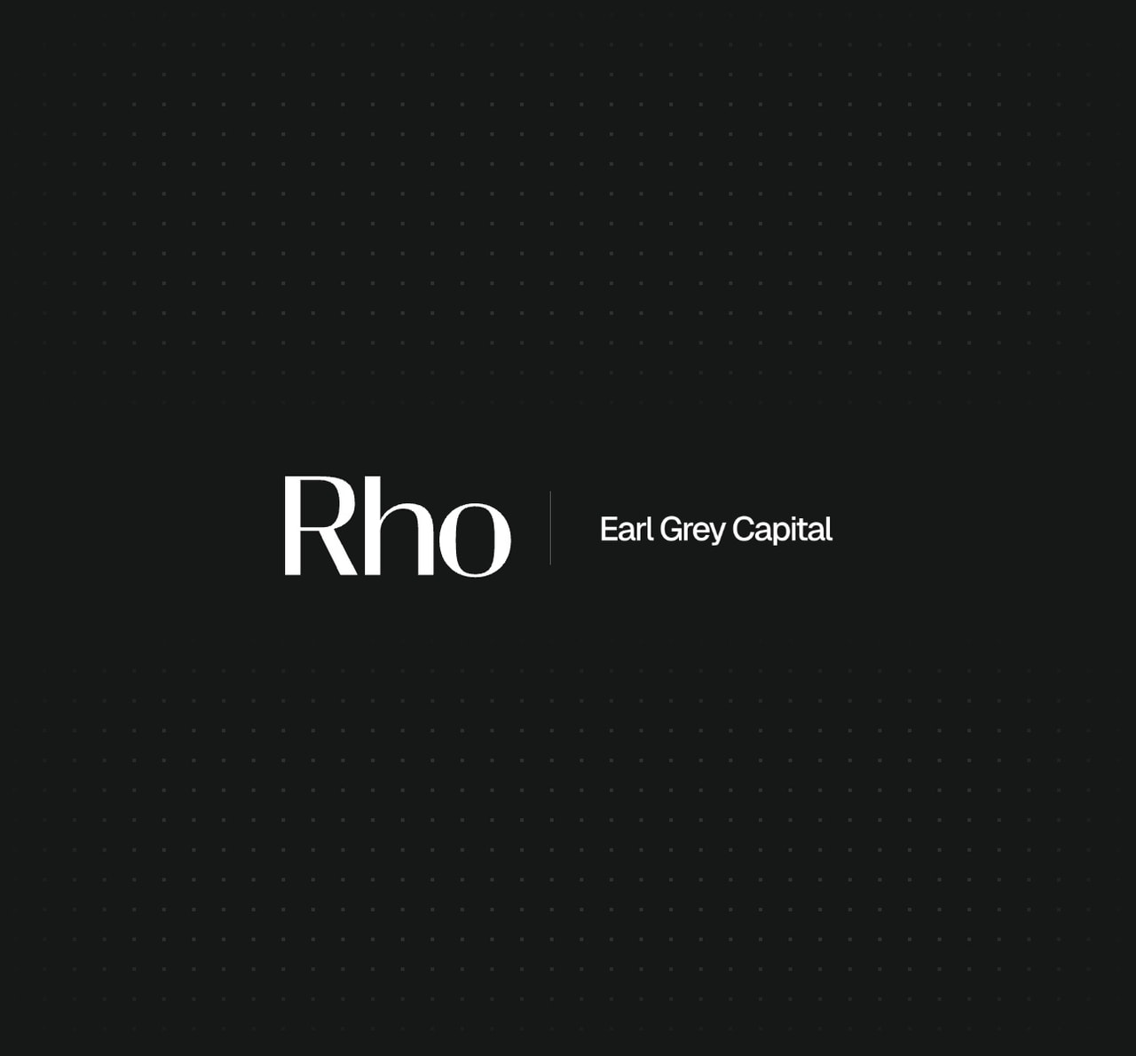 "Rho and Earl Grey Capital logos on a black dotted background, featuring minimalist white text."