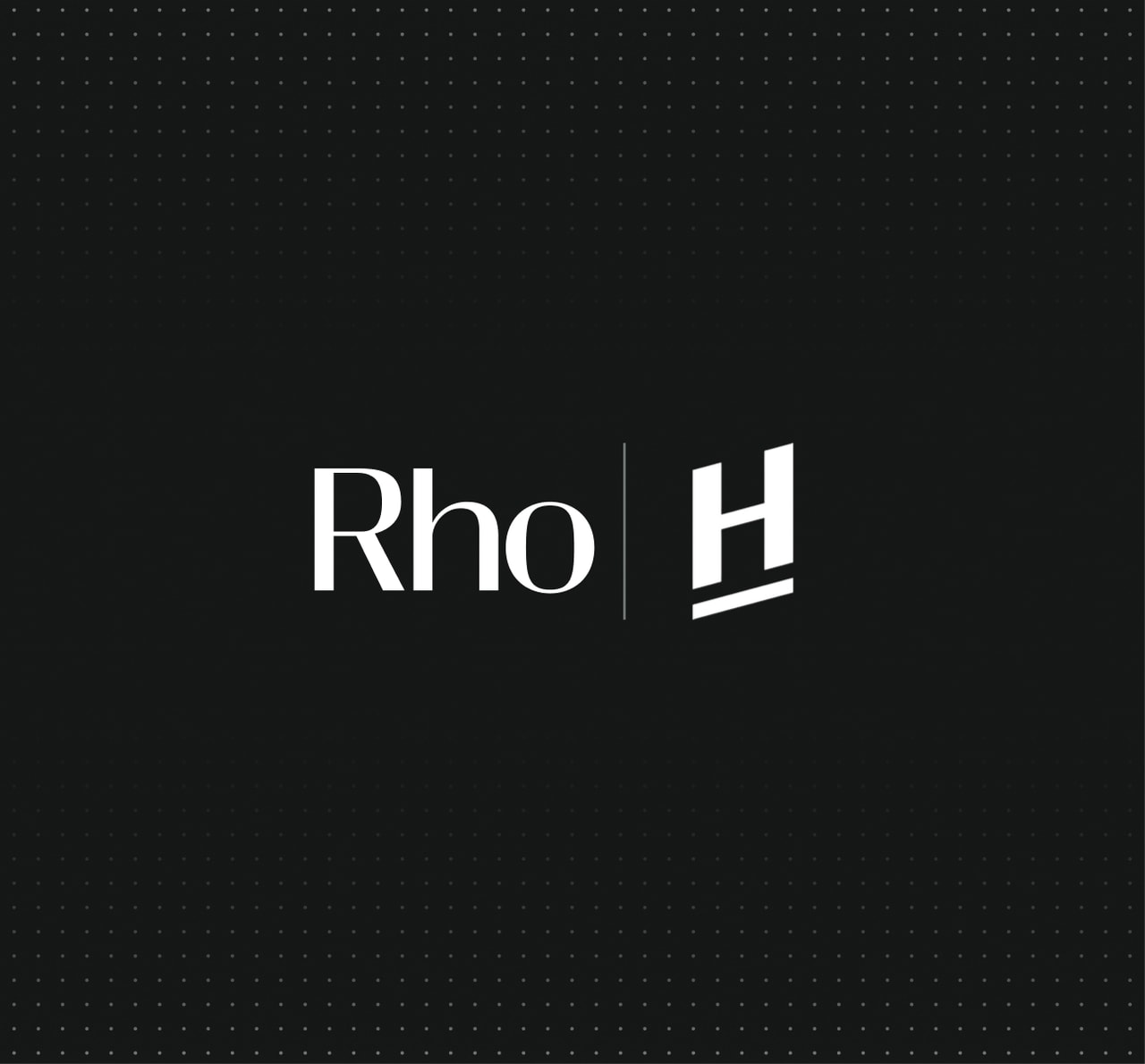 Black background with white text: "Rho" and a stylized "H" separated by a vertical line. Subtle dotted pattern fills the background.
