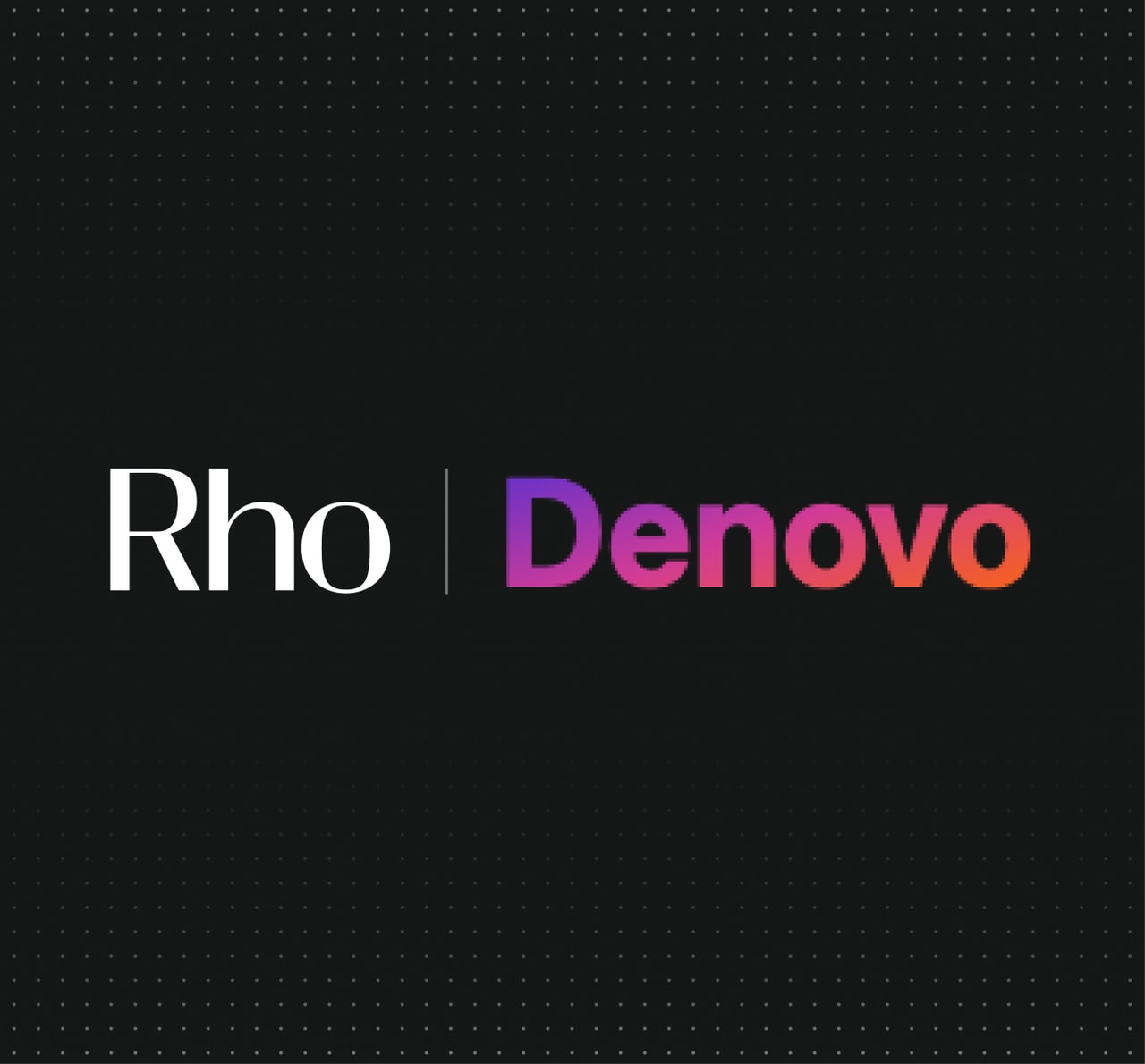 Black background with "Rho" in white serif on left, a thin vertical divider, and "Denovo" in purple-to-orange gradient on the right.