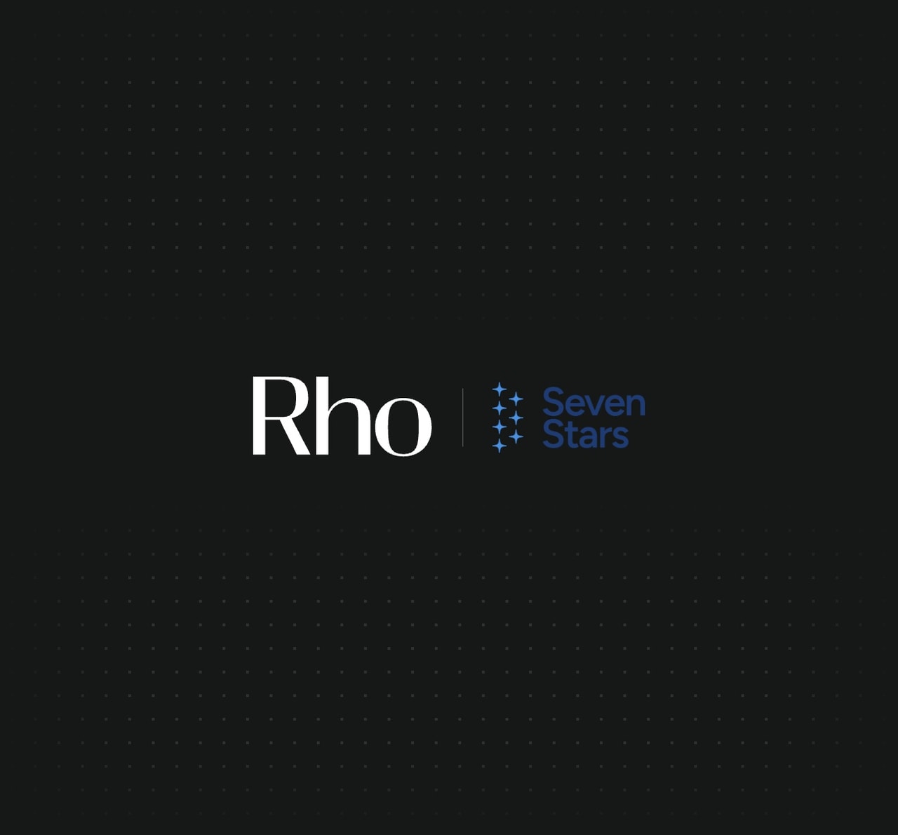 Logo featuring "Rho" in white and "Seven Stars" with a star pattern in blue, set against a dark background.