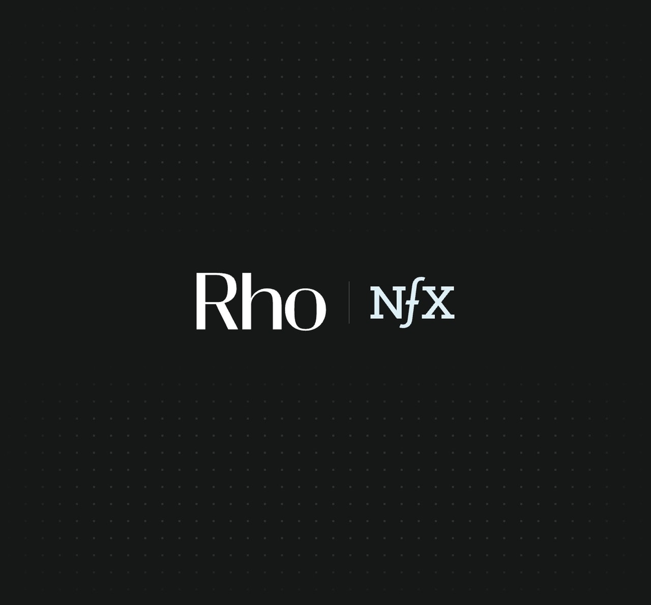 The image features a dark background with the white text "Rho | NfX" in the center.