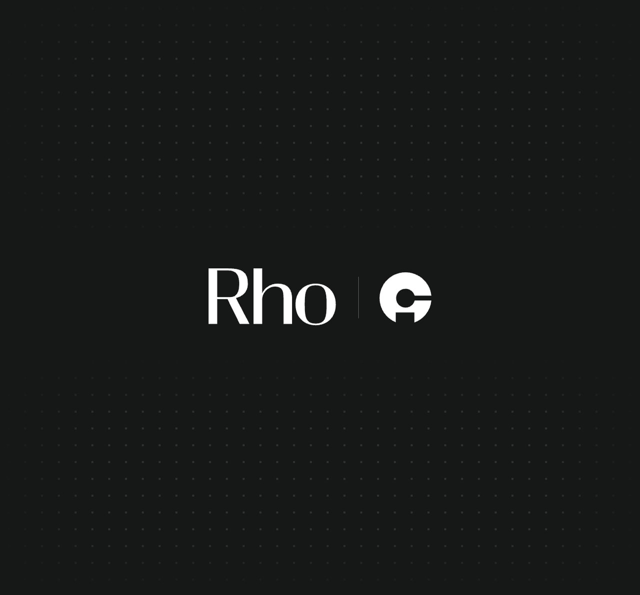 The image shows the word "Rho" and a stylized logo resembling the letter "C" on a black background dotted with subtle grid lines.