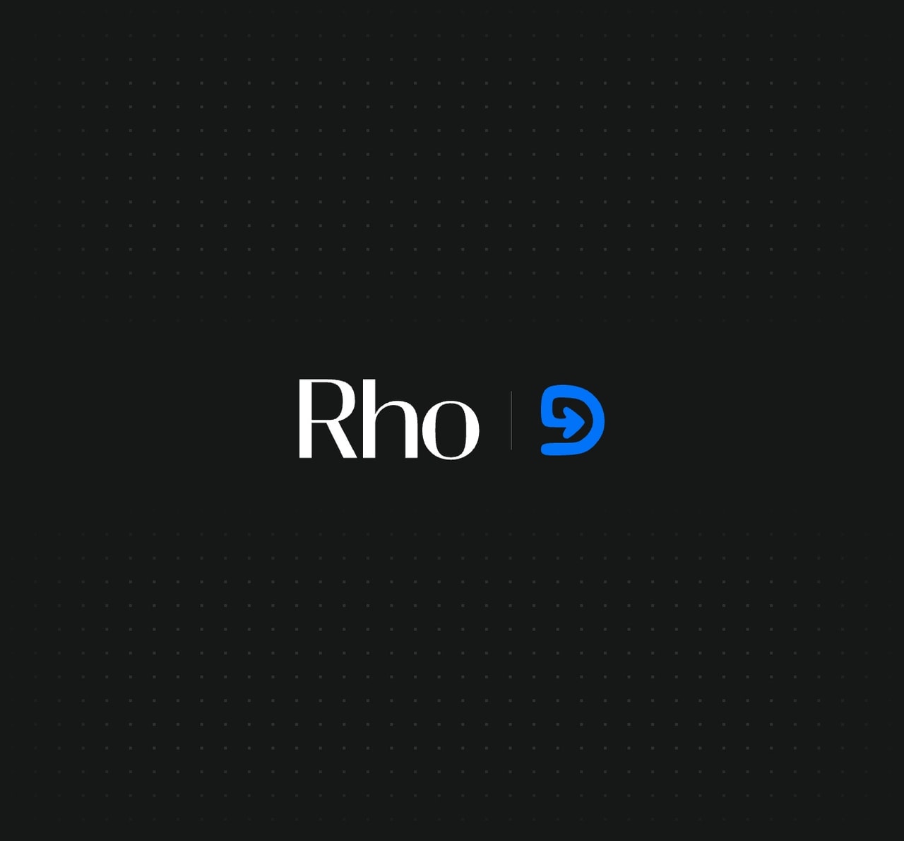 The image shows the word "Rho" in white followed by a stylized blue arrow on a black background with subtle dot patterns.