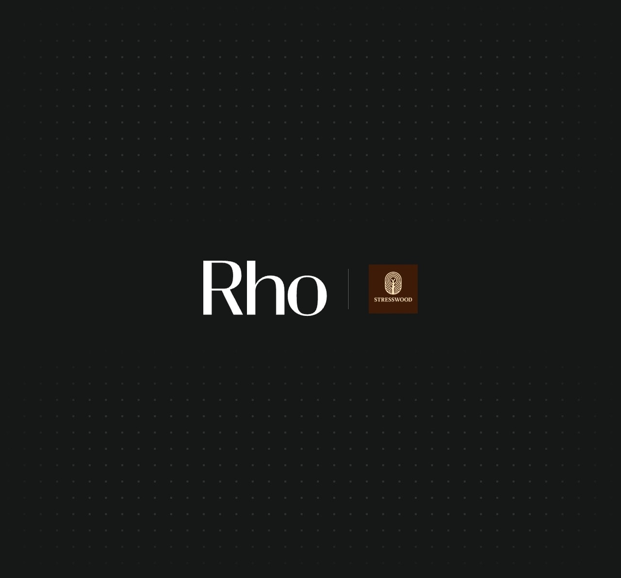 The image displays a dark background with the word "Rho" and a brown square logo with "STRESSWOOD" text and tree graphic on the right.