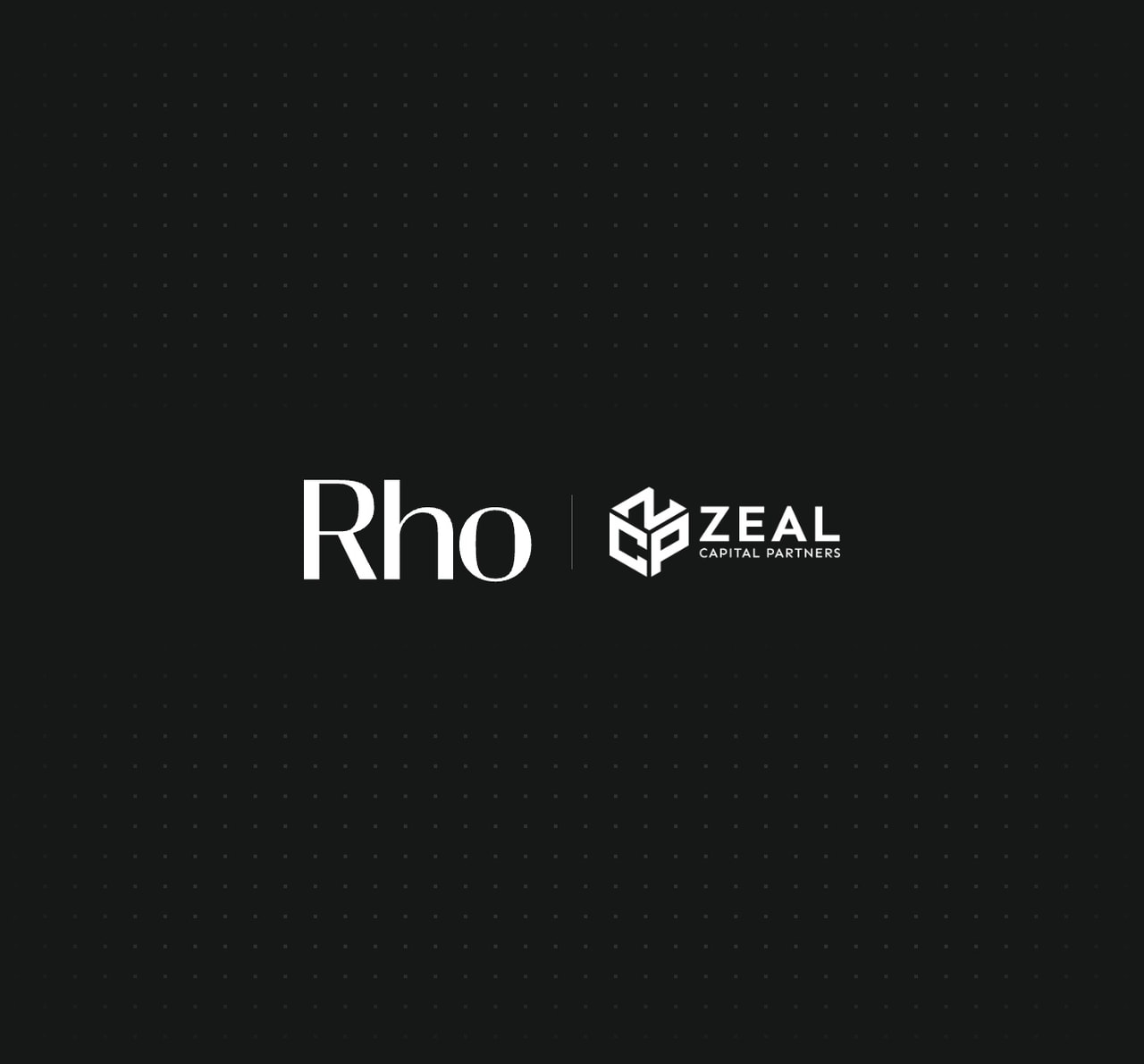 Logos of Rho and Zeal Capital Partners on a dark dotted background. Rho is in white text, and Zeal has a geometric icon with the text beside it.