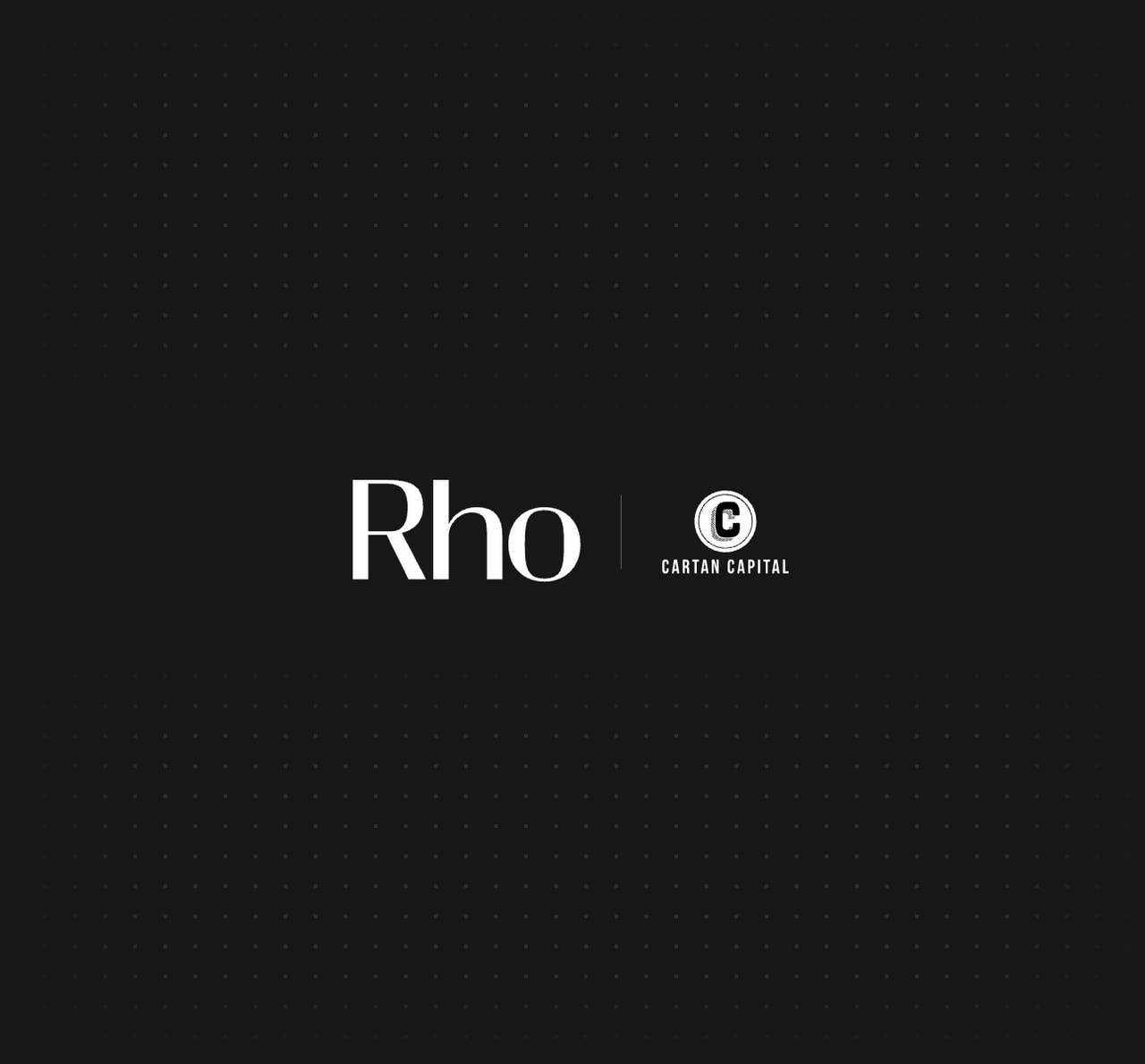 Logos of Rho and Cartan Capital on a dark dotted background.
