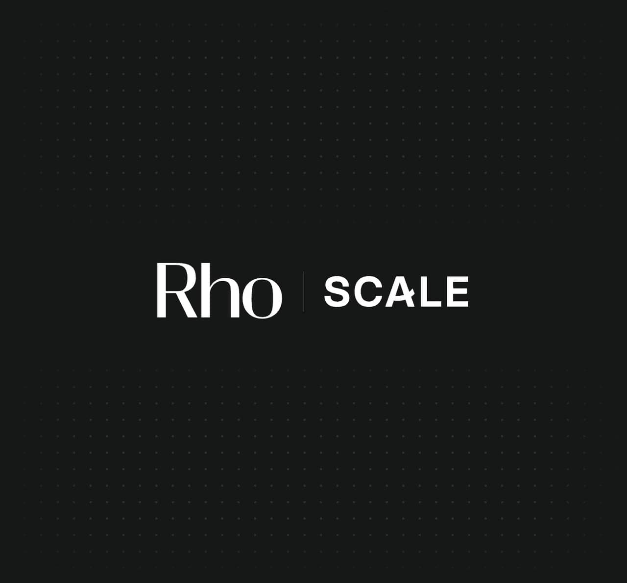 Black image with white text in the center reading "Rho | SCALE" on a faint gray dotted background.