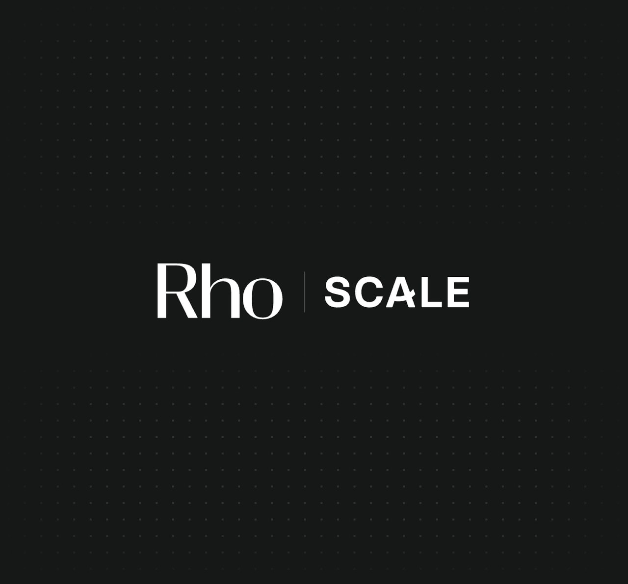Black image with white text in the center reading "Rho | SCALE" on a faint gray dotted background.