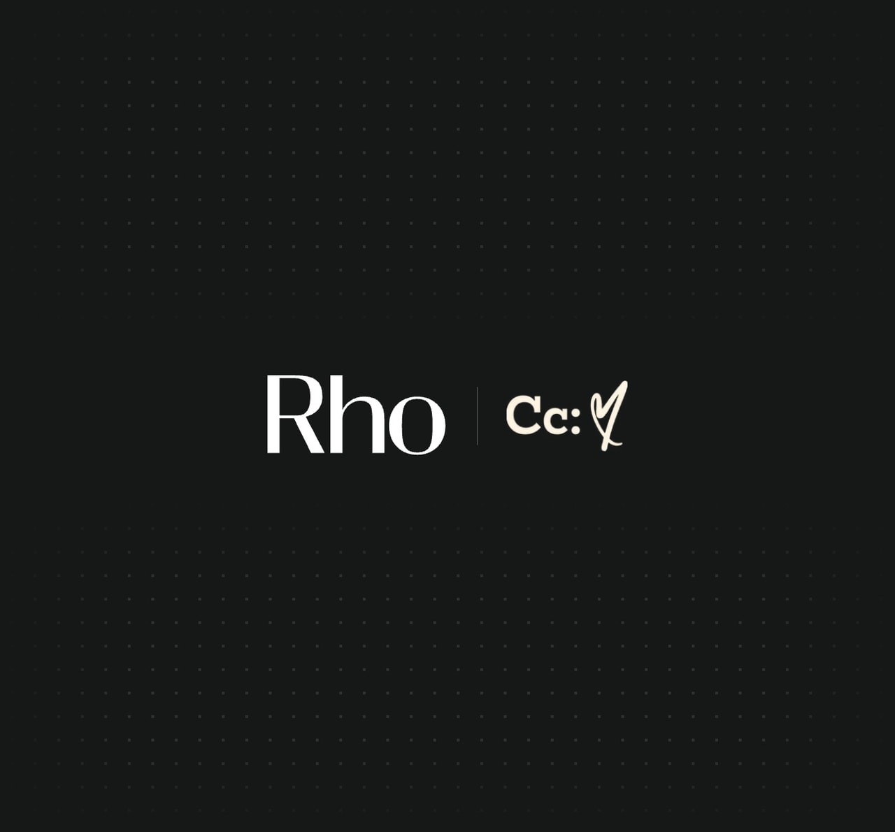 Black background with white text "Rho" and "Cc: Y" separated by a vertical line. Subtle dotted grid pattern in the background.