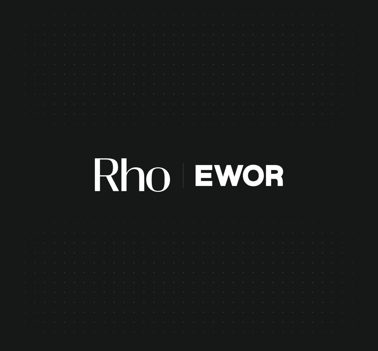 Black background with white text reading "Rho | EWOR" in a minimalist design. Small dotted pattern in the background.