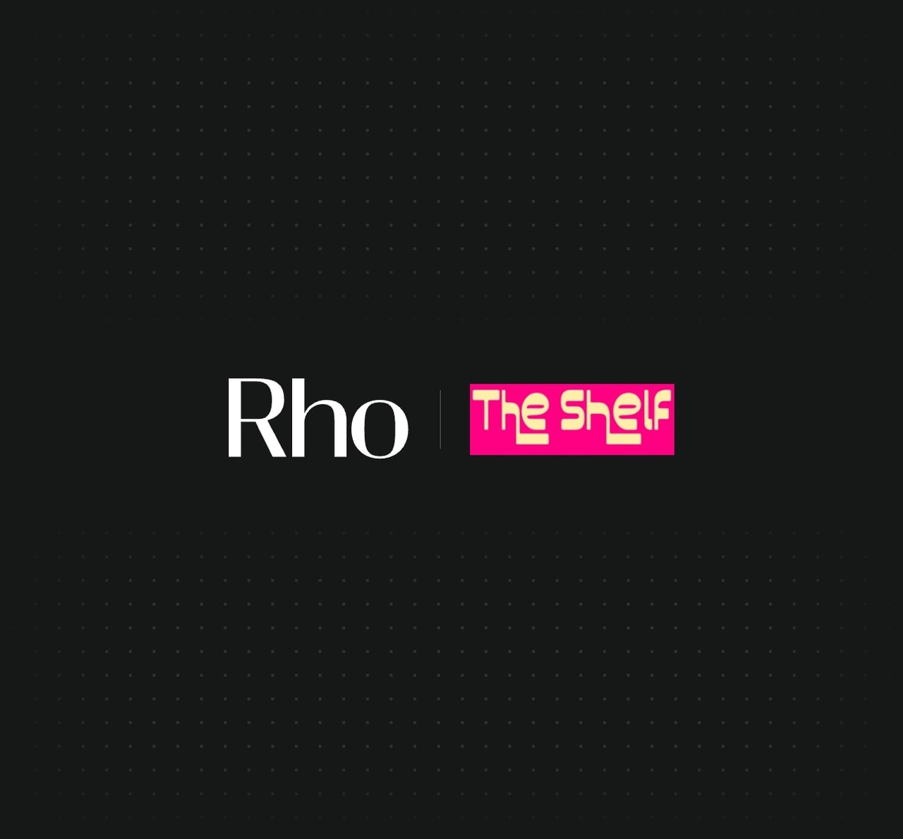 Black background with "Rho" in white and "The Shelf" in pink and yellow, centered and separated by a vertical line.