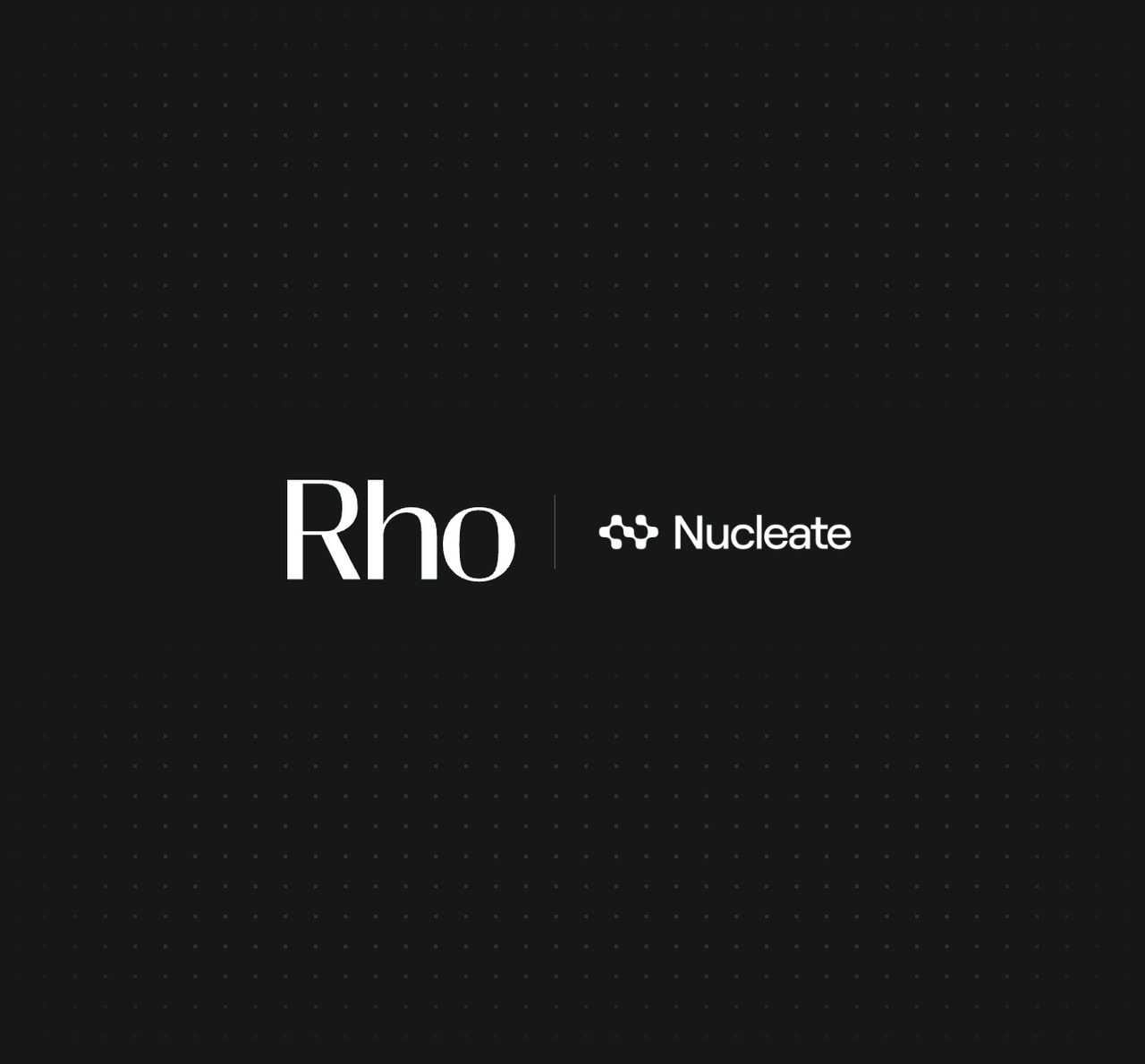 Logo featuring "Rho" and "Nucleate" on a dark background with subtle dotted pattern.