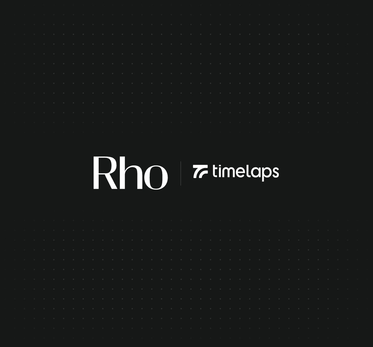 Black background with the text "Rho | timelaps" in white, featuring minimalist dot patterns.