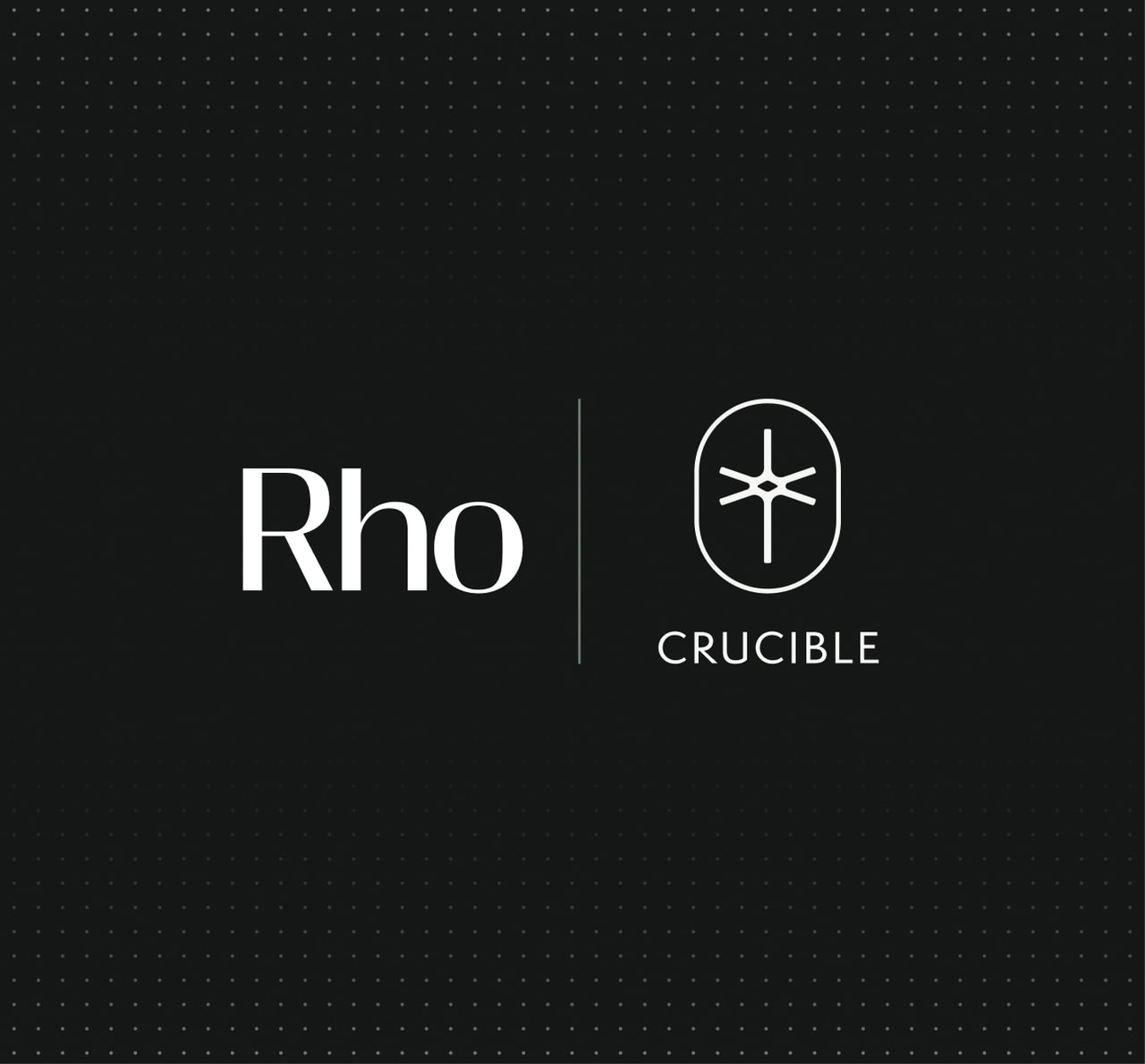 A black background displays the white text "Rho" and "CRUCIBLE" with a vertical line and logo design between them.