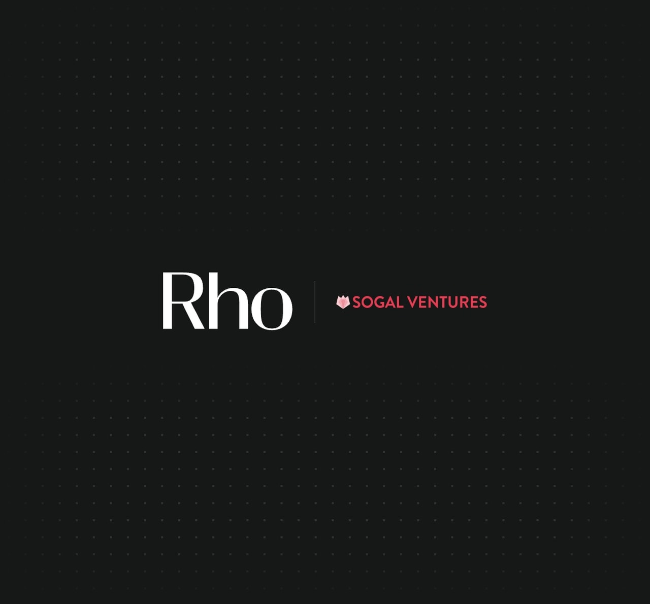 Black background with white text "Rho" and red text "Sogal Ventures" alongside a small logo, separated by a vertical line.