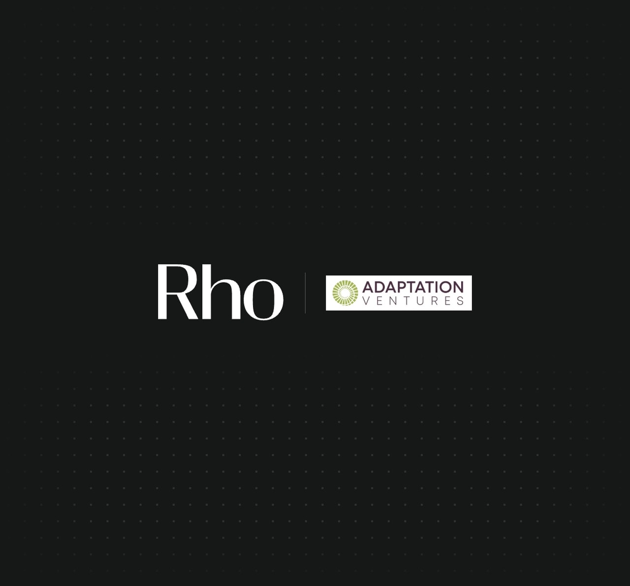 Logos of "Rho" and "Adaptation Ventures" on a black background, separated by a vertical line.