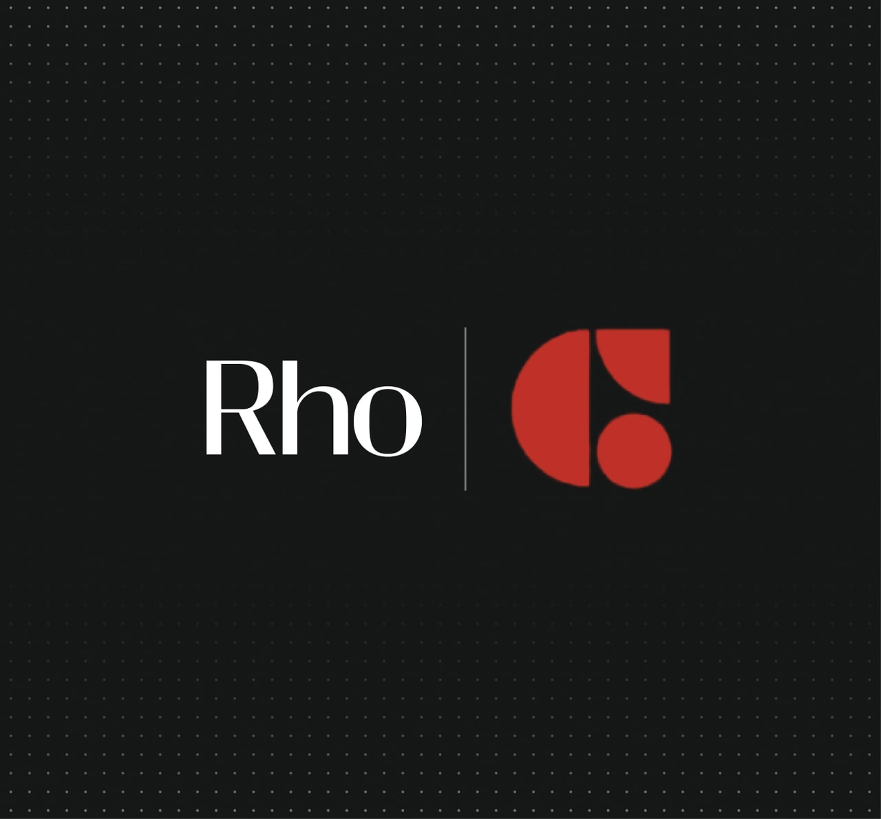 Black background with "Rho" in white and a red abstract logo featuring geometric shapes on the right.