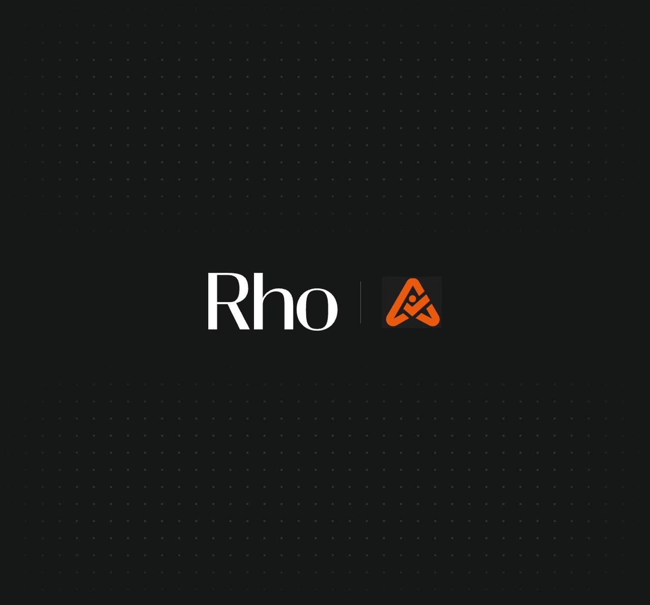 The image features the text "Rho" alongside an orange geometric logo on a black dotted background.