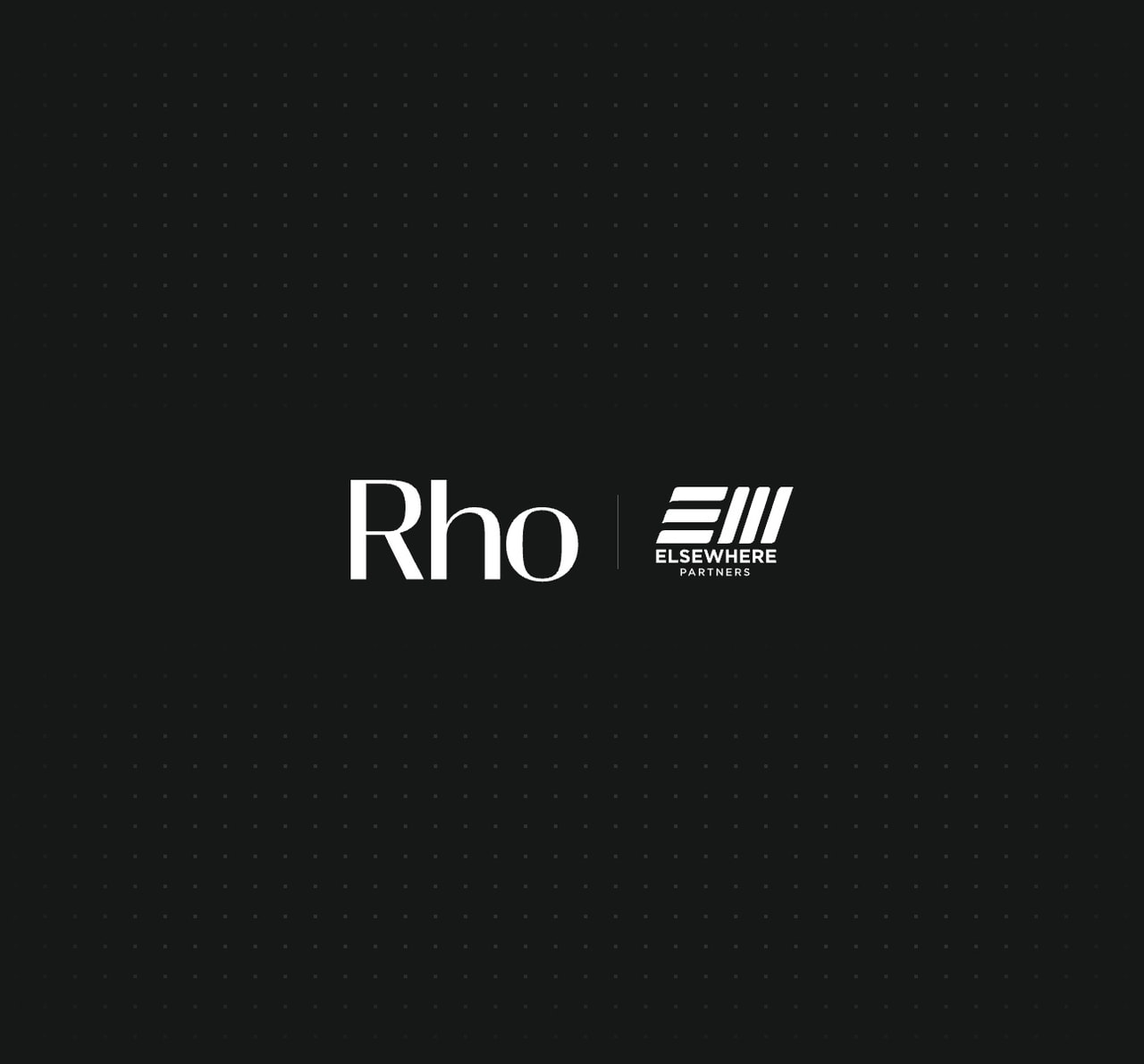 Black background with "Rho" logo on the left and "Elsewhere Partners" logo on the right, featuring a stylized emblem.