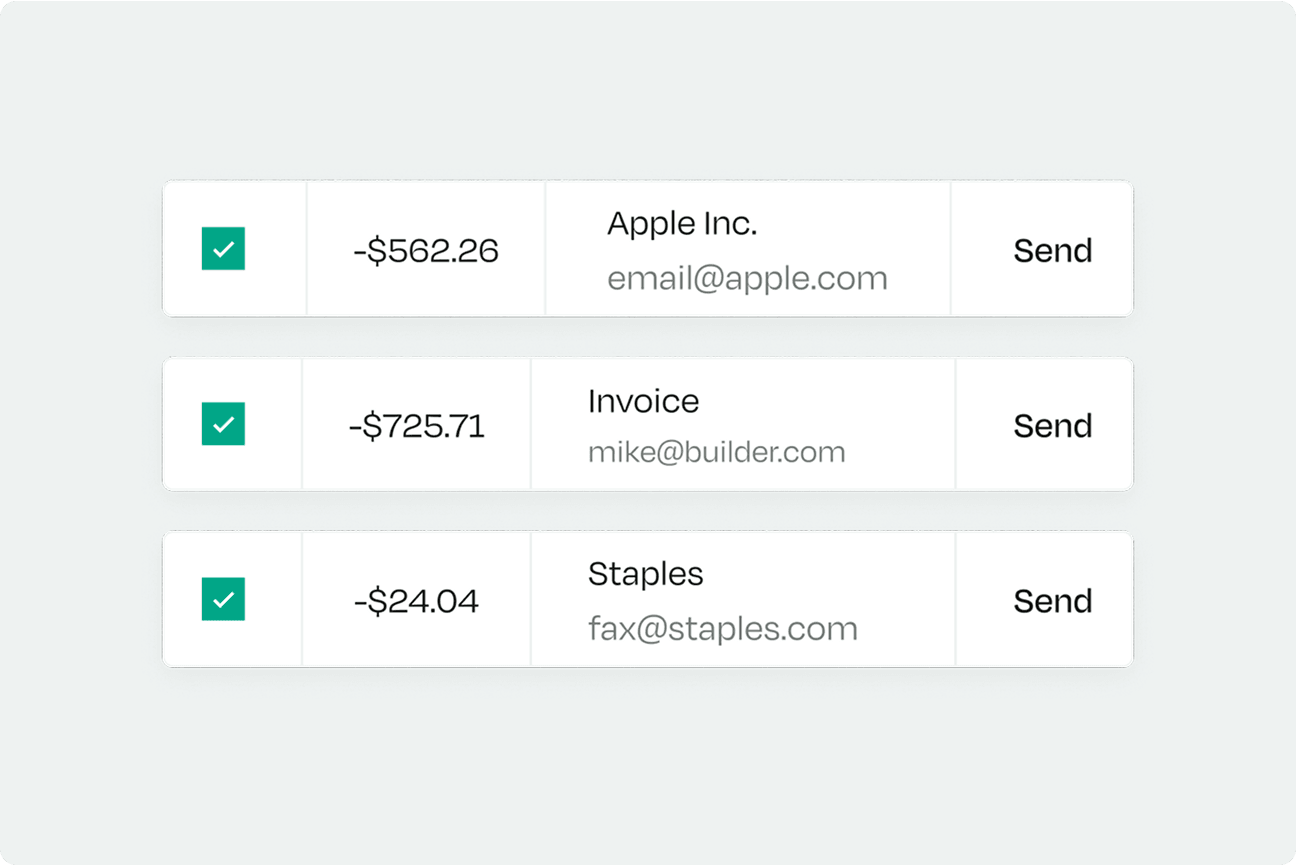 A list of three financial transactions with amounts, recipient email addresses, and "Send" buttons for Apple Inc., Invoice, and Staples.