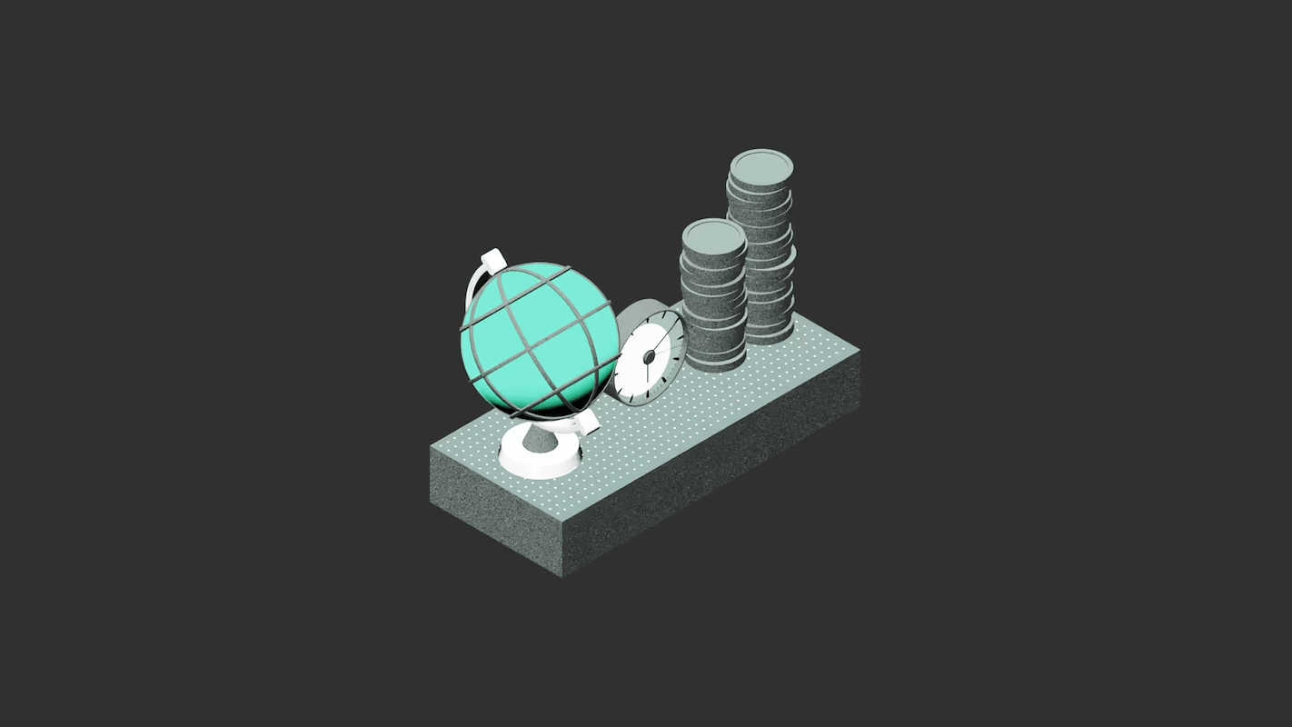 A 3D illustration of a globe, a clock, and stacks of coins on a rectangular platform against a dark background.
