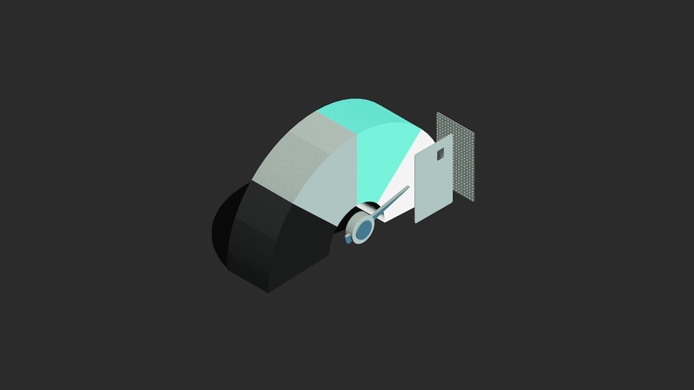 Abstract geometric design with overlapping shapes in shades of black, gray, and teal on a dark background.