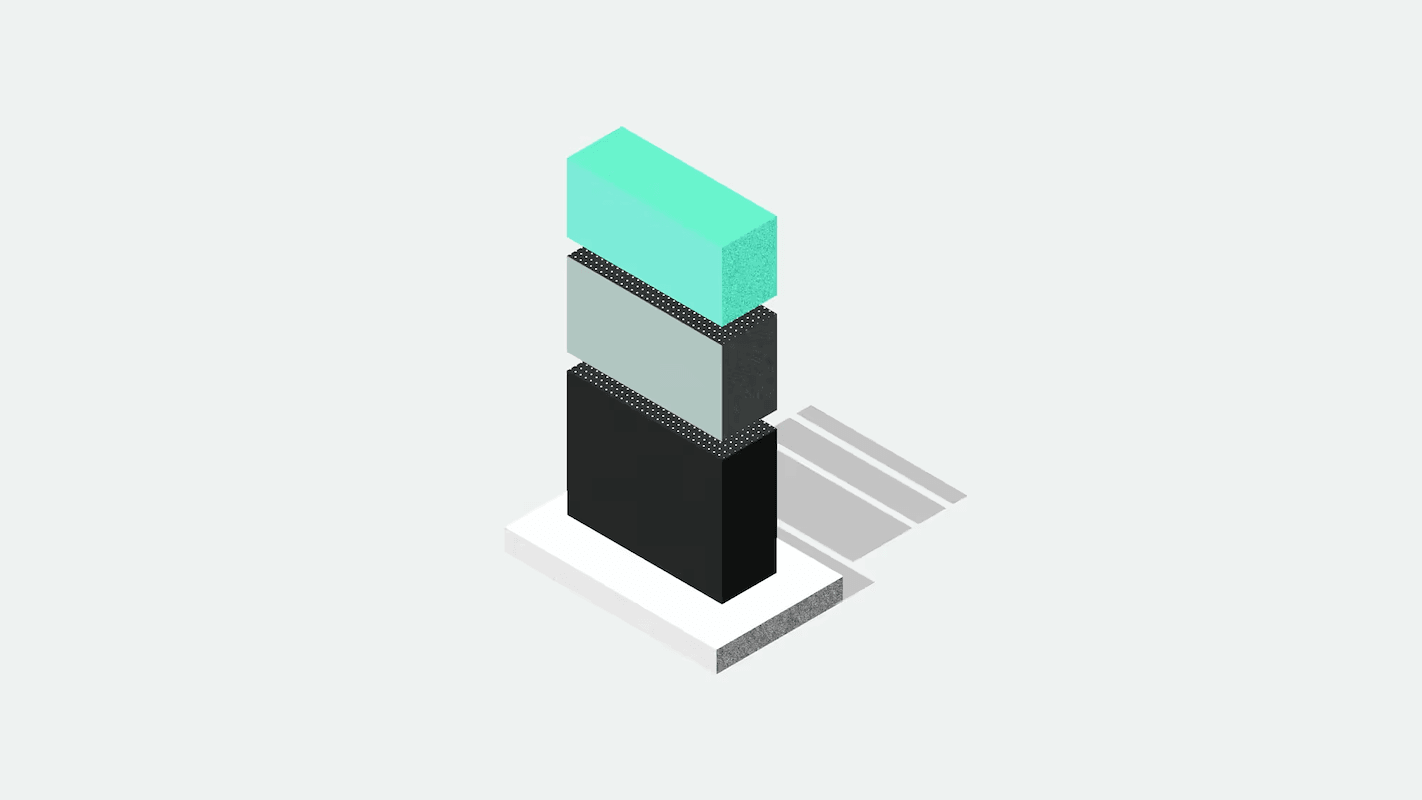Abstract illustration of four stacked rectangular blocks in varying shades of green, gray, and black, casting a shadow on a light background.