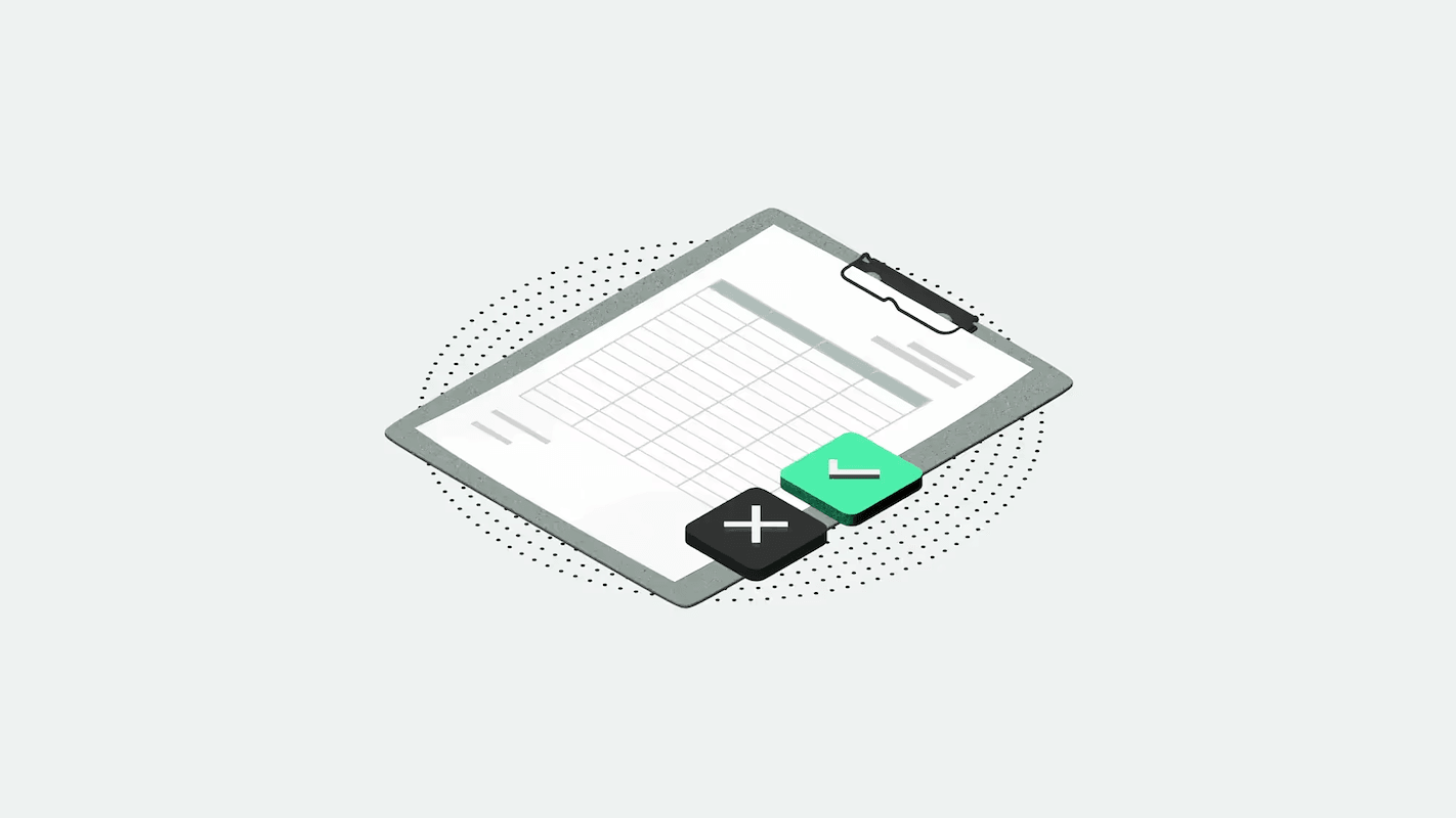 Illustration of a clipboard with a spreadsheet, featuring a black plus icon and a green check icon, on a dotted background.