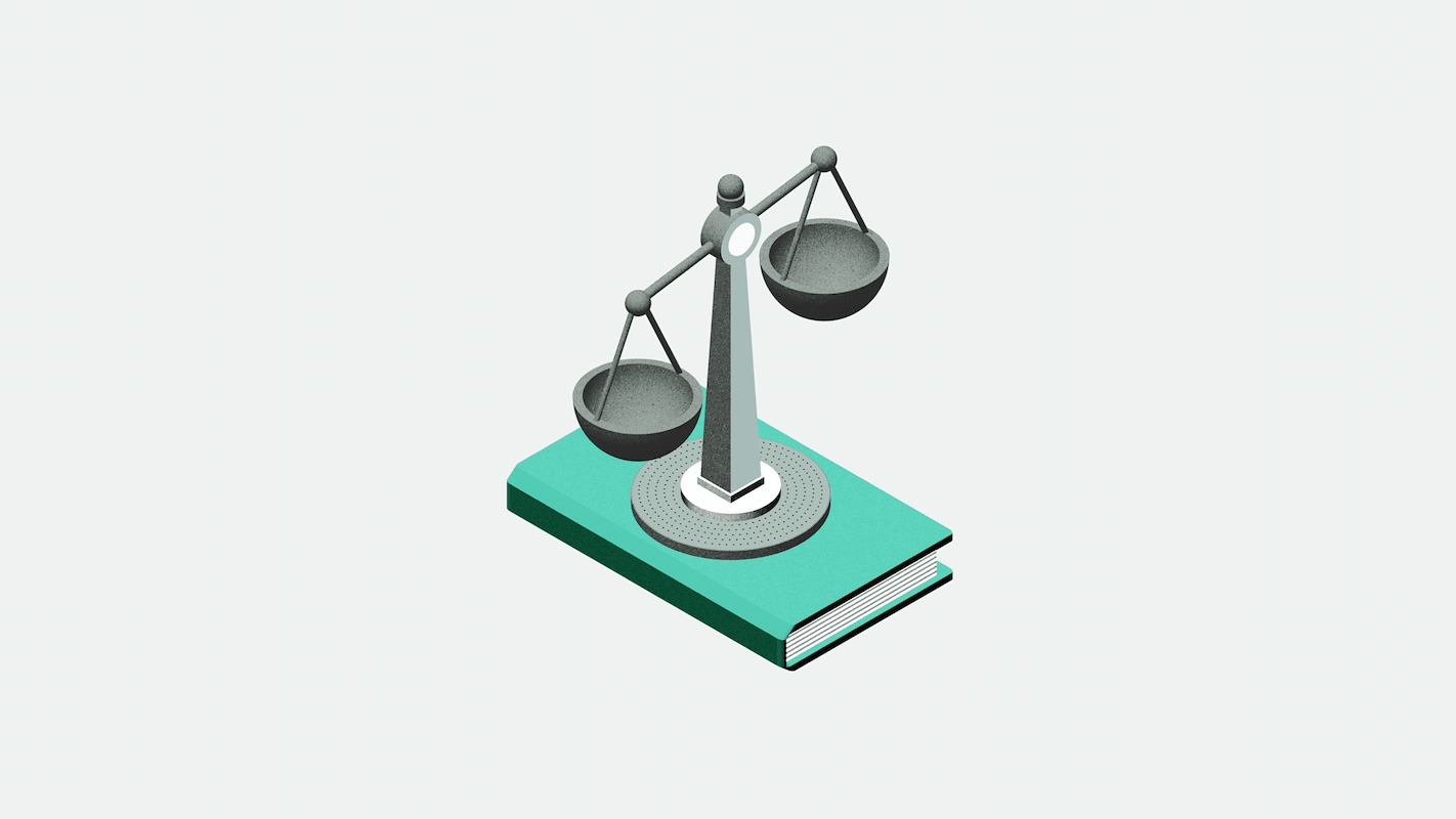 Illustration of a gray balance scale on a teal book, symbolizing justice and knowledge on a light gray background.